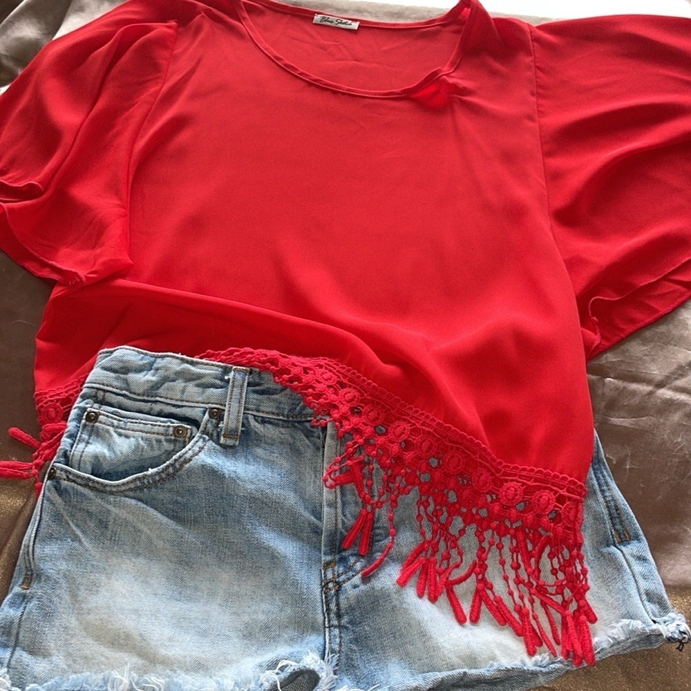 3/$20 Blue Sketch Red Fringe Top Flutter Sleeve Boho 4.5” Trim Fairycore Whimsy - Picture 3 of 11
